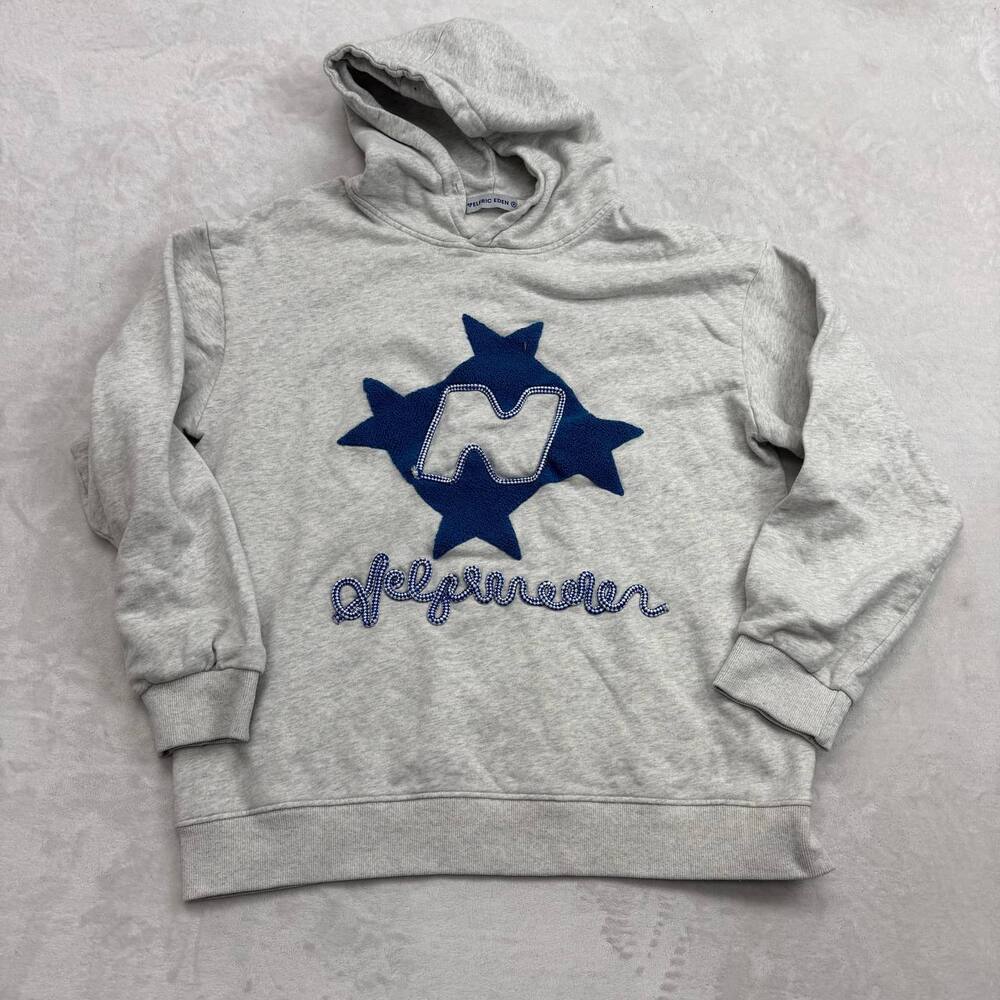 Elfric Eden Men's Hoodie Grey Size M Blue Patchwork Graphic Pullover Sweatshirt
